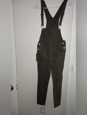 Twiin Sisters Women's Fashion Olive Ripped Distressed Skinny Legs Overalls